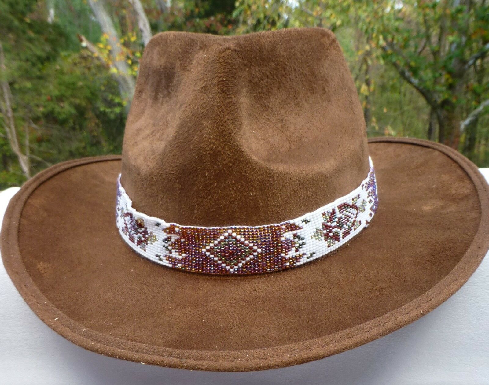 Brown White Seed Beaded Cowboy Turtle Unisex Handmade Hatband H53/2