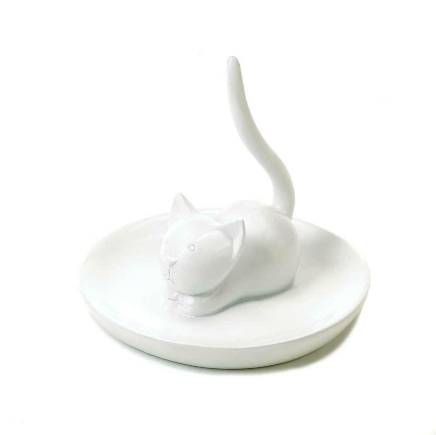 White Polyresin Charming Cat Jewelry Holder Exquisite Decorative Dish